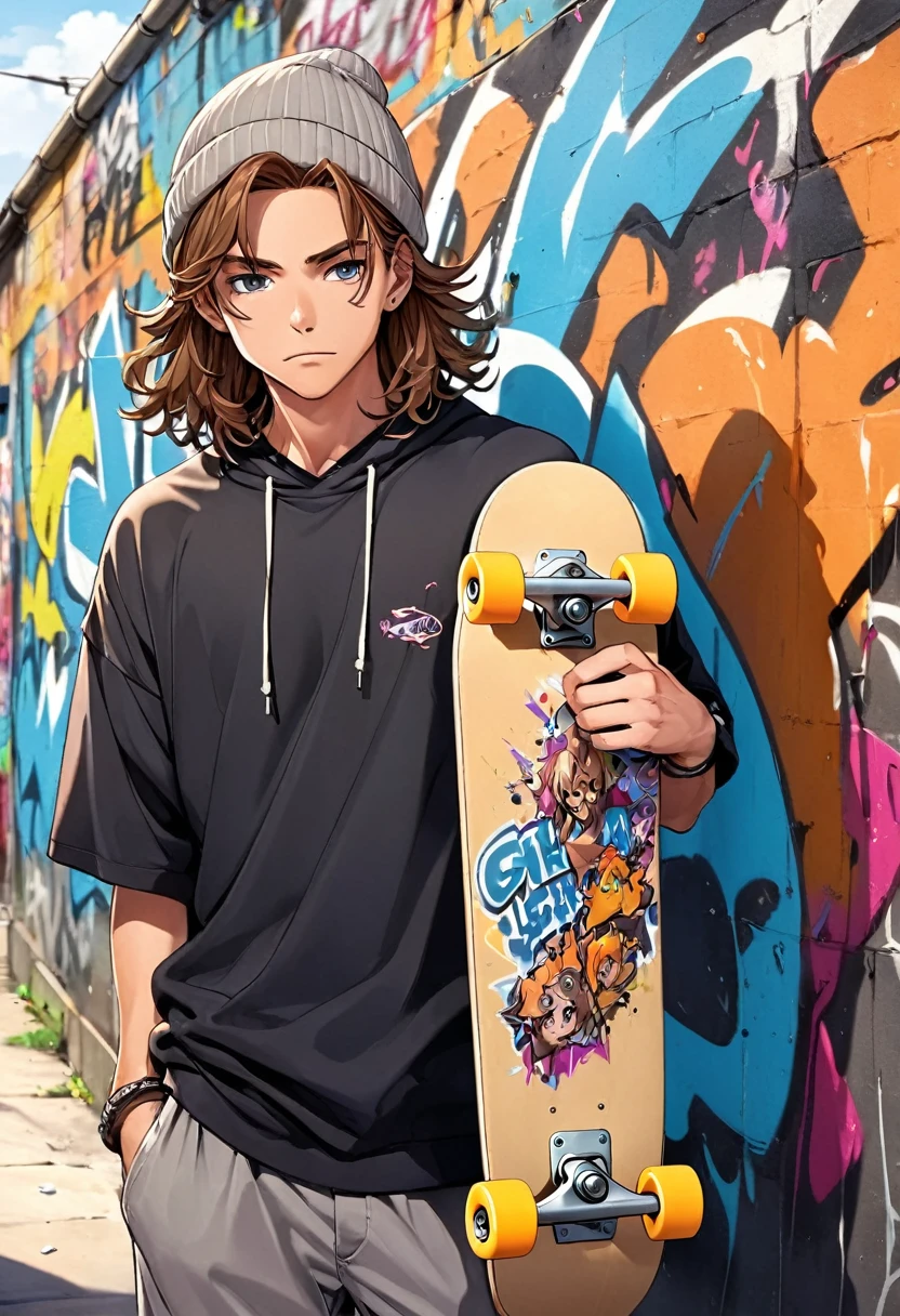 Skaterguy, 2000's style, anime, brown messy hair, holding skateboard, graffiti, grey beanie, male, guy