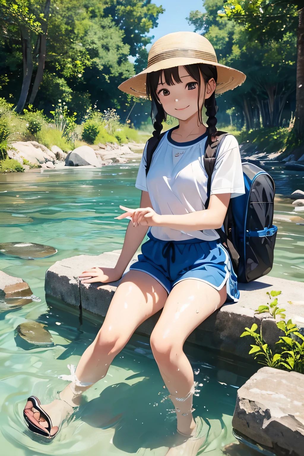 Highest quality、High resolution、Detailed Background、(Beautiful face in every detail:1.4)、Anatomically correct、Normal number of fingers、Detailed facial expressions、(Detailed eyes:1.2)、Teenage beauty、Light color hair、Braided Ponytail、Braided bob cut、Braided twin tails、cute gesture、Innocent joy、A sense of freedom in nature、A cool day swimming in the river、
(Girls enjoying splashing around in the cool river:1.5)、
In the blazing summer sun、I can hear the river babbling、We all run out、
Walking along the river、Eventually you'll reach the water's edge、Playing in the water under the speech bubble、Excited voices echo throughout the room.、
Taking off your shoes and soaking your feet in the water brings a smile to your face.、Enjoy the pleasant time as you touch the cold water、
Children gather stones, throw them into the water, and cheer as they splash about.、It's cute to see them having so much fun riding on a swim ring and feeling the current.、
Eating lunch in the shade of the trees helps to ease fatigue.、Enjoy the pleasant breeze and nature that will leave you with fond memories.、Smiles on everyone's faces、It was a day of swimming in the river that satisfied both body and mind.、
Rash guard、Shorts、sandals、I call chap、Short sleeve T-shirt、Shorts、sneakers、backsack、cute