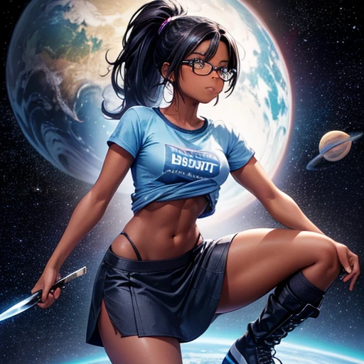 One girl, dark skin, Small breasts, wears thick-framed glasses that accentuate his facial features, Short black hair, Ponytail Silver Shirt, She is wearing another tight shirt underneath her shirt, Vibrant color details reminiscent of stars and planets in space, Blue skirt and high-top boots with non-slip soles,Holding a knife