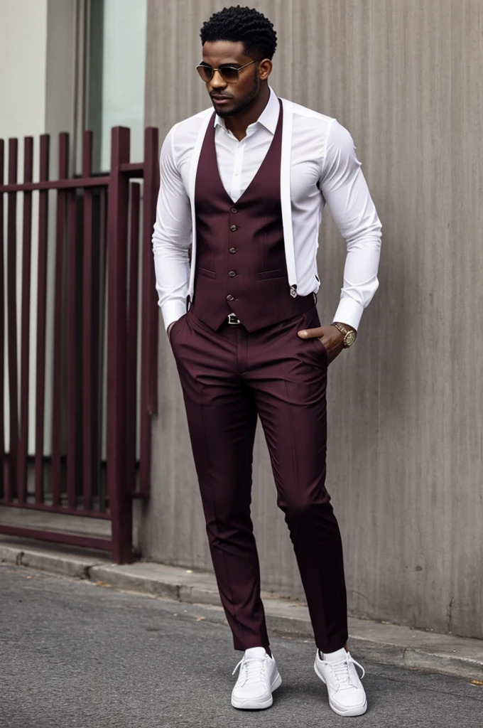 Black guy wearing a full burgundy suit, white shirt, waistcoat, no tie and white sneakers