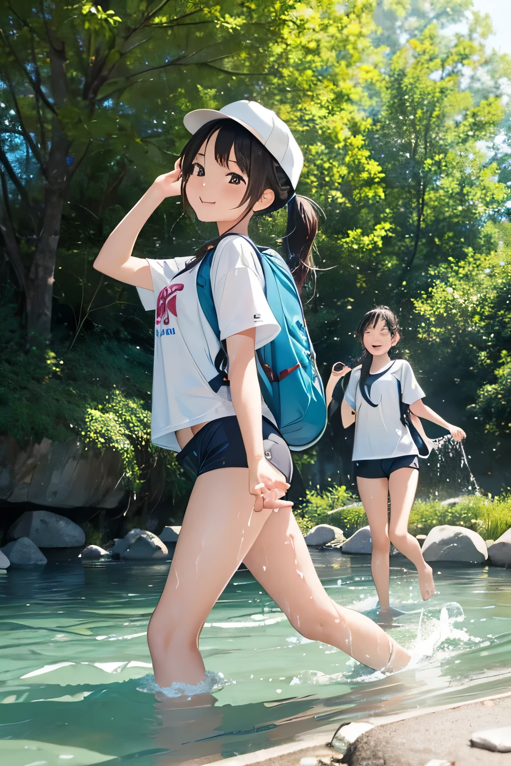 (2 girls in:1.5),(The two of them are sitting vulgarly..:1.3),(Micro bikini with very small fabric area:1.5), Happy smile, Blue eyes, masutepiece, Best Quality, Detailed, Lori, Two junior high school students,(2 girls in:1.8),( Wet with sweat:1.2), (Wet sheer white micro bikini(can see through,teats see through:1.4),(Numbered:1.4)),(Wet and transparent black micro bikini):1.4),Lori, (Very small:1.7),(Big:1.3)(Girl with wavy hair in a bob cut:1.4),(girl with short cut glasses:1.4),(we are a team:1.6), (小柄:1.4),(Wet and transparent white low-rise racing bloomers(Contains many sponsor logos:1.5),(Sticks to the crotch:1.2):1.6)、(Mansuji muscle:1.4),(Looks beautiful:1.3)、(Pubic hair sticking out a little:1.6),(Athletics stadium during the competition:1.5),(No Underwear:1.4) ,(Small nipples show through:1.2),(matching track shoes:1.2),(Her beautiful little pussy is clearly visible:1.4),(I can see the shaved hair:1.4),(I can see pubic hair growing:1.3),(Both of them spread their legs wide:1.5),(I can see her salmon pink pussy :1.4),japanse, small brest, Vulgar