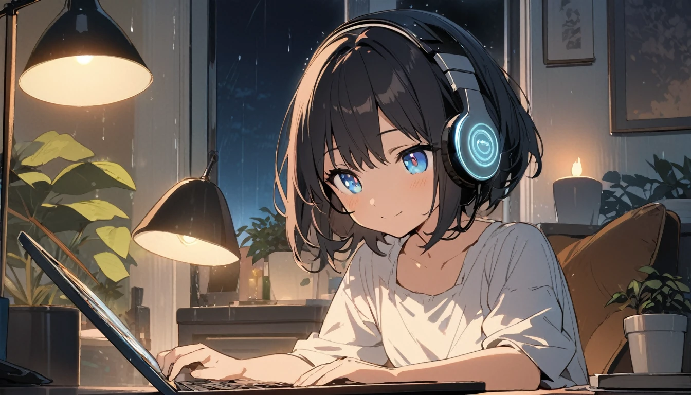 1girl, solo, blue eyes, (detailed eyes), gentle smile on her face flat chest, short hair, black hair, upper body, wearing a white dress shirt ((masterpiece, illustration, best quality)) rainy night, a girl studying while listening to music with headphones, the night view is very beautiful with beautiful candle on her table. there are plants in the background, She is typing her laptop with a beautiful night view with books and plants in the background with coffee on the desk