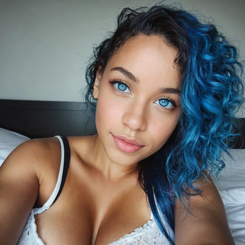 1 fille, beautiful biracial woman, blue eyes, blue hair,Résolution Haute, , PDV, selfie, body, at night, bedroom, lay on bed, head on pillow