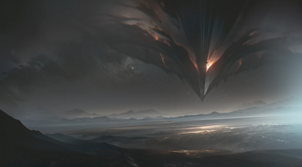image of a vast wild and untamed world. Show diverse landscapes like dense forests, towering mountains, arid deserts and turbulent oceans beneath dramatic skies. The atmosphere should be dark and mysterious, with a dark and detailed color palette.