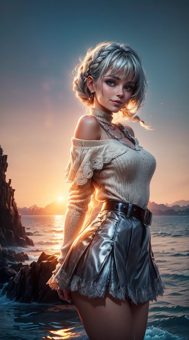 sunset city,The actress is a very beautiful Western adult woman...... bobbin lace ruffle miniskirt,sexy face, Belt pouch, Oversized Loose Bobbin Lace Sweater, V-neck and cold shoulders . happy smile.sexy face, (silver hair、Bollos retorcidos en una Horse tail adornados con trenzas y cuentas elaboradas.,Fishbone Braiding Hair,),(The fringes are transparent fringes.),(shorten、Horse tail、by the floating、),.(great emphasis:1.3),Use the sunset as lighting.,cinematic light,(mesa,Maximum quality,Ultra-high resolution output image,) ,(8K quality,),(marine art mode 2:1.3),,(Ultra HD picture mode,)