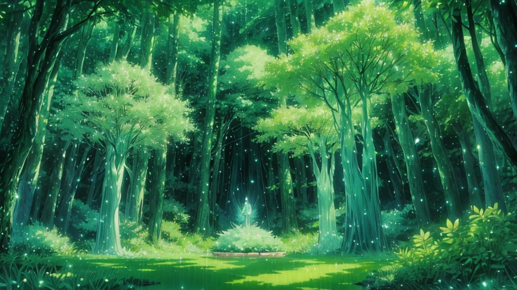 musical crystal forest: "Magical forest of crystalline trees in dreamlike anime style. Every tree is a giant musical instrument: harps, flutes and glass bells. Translucent leaves tinkle in the breeze, creating soft melodies. Musical fireflies float emitting notes of light. Detailed but smooth animation style, inspired by &#39;The Garden of Words&#39;. ethereal colors: light blues, aqua greens and soft golds. Magical and calming atmosphere, perfect for relaxing instrumental music."
