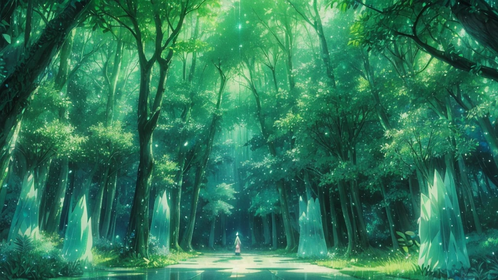 musical crystal forest: "Magical forest of crystalline trees in dreamlike anime style. Every tree is a giant musical instrument: harps, flutes and glass bells. Translucent leaves tinkle in the breeze, creating soft melodies. Musical fireflies float emitting notes of light. Detailed but smooth animation style, inspired by &#39;The Garden of Words&#39;. ethereal colors: light blues, aqua greens and soft golds. Magical and calming atmosphere, perfect for relaxing instrumental music."
