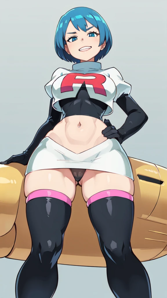 (Alphonse Mucha style:1.3), masterpiece,Highest quality,High resolution,Anime Style,(1 high school girl:1.2), The clothes are thick enough not to be see-through, (((Team Rocket uniform), Short skirt), (Black Patent Leather Gloves), (Black patent leather boots), (Jet black panties)),(Smiling and showing teeth:1.3),(Light blue hair, Three-stranded:1.3), (Panty shot, View from below the subject:1.1), (Clothes that look good:1.1), (Blank Background:1.3), (The subject steps on the viewer:1.3)