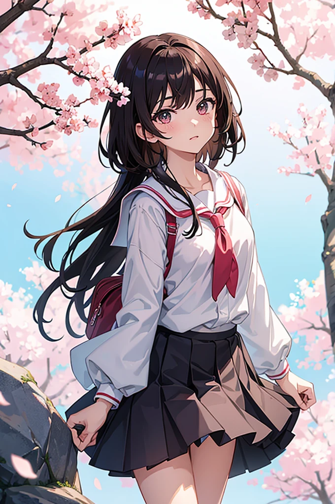 anime girl, sakura trees, dark hair, school girl