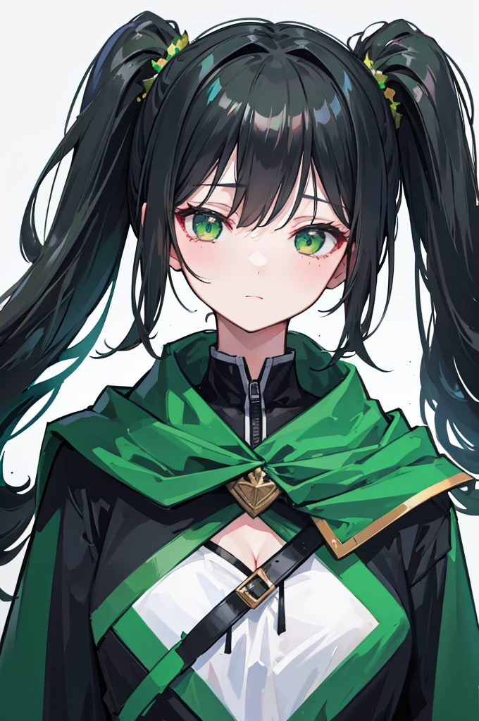 portrait, upper body face through torso, black hair, long wavy side ponytail, eromanga, half closed eyes, green eyes, boring face,dark green cloak, B cup