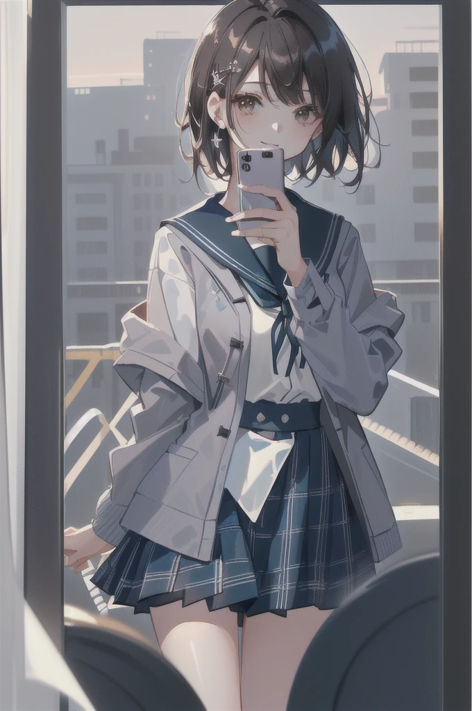 concept:Woman taking selfie. quality:(最高quality, 4K, High resolution, masterpiece:1.2), Very detailed, (Genuine, photoGenuineistic:1.37). illumination:Bright colors, Bright colors and mesmerizing effects, (Warm sunshine), 柔らかく繊細なillumination, Gentle glow, Lens flare, The overall atmosphere is beautiful and gentle... Thematic Intelligence:alone, ((young woman)), (Round eyes), (Small face), (Skin with attention to detail:1.2), Long eyelashes, Glossy Lips, (Brown Hair, Long Wavy Hair, Brown eyes), (Slim figure, Happy expression), (((In front of the mirror))), ((Shooting with a smartphone:1.2)), (Gazing Eyes:1.5, take a picture), Hold your cell phone in front of your face, (((High School Uniform:1.2, Grey jacket, Open jacket, White shirt, Dark blue checked skirt, Captivating thighs))), smile, Happy, charm. Other details:Take a selfie through the mirror, Reflected in the full-length mirror, Genuineなレンダリング, Natural pose,,((Hold your cell phone in front of your face)), charmなsmile, A fun connection, Exquisite texture, Perfect composition, Happy moments, Beautiful Skin, Glowing Skin, Perfect Fingers, Five Fingers, Anatomically correct, Smartphone Photos.,In a completely different expression。