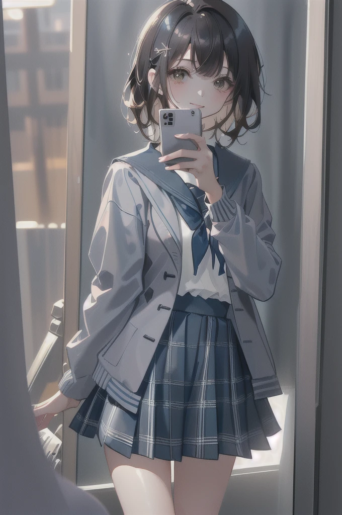 concept:Woman taking selfie. quality:(最高quality, 4K, High resolution, masterpiece:1.2), Very detailed, (Genuine, photoGenuineistic:1.37). illumination:Bright colors, Bright colors and mesmerizing effects, (Warm sunshine), 柔らかく繊細なillumination, Gentle glow, Lens flare, The overall atmosphere is beautiful and gentle... Thematic Intelligence:alone, ((young woman)), (Round eyes), (Small face), (Skin with attention to detail:1.2), Long eyelashes, Glossy Lips, (Brown Hair, Long Wavy Hair, Brown eyes), (Slim figure, Happy expression), (((In front of the mirror))), ((Shooting with a smartphone:1.2)), (Gazing Eyes:1.5, take a picture), Hold your cell phone in front of your face, (((High School Uniform:1.2, Grey jacket, Open jacket, White shirt, Dark blue checked skirt, Captivating thighs))), smile, Happy, charm. Other details:Take a selfie through the mirror, Reflected in the full-length mirror, Genuineなレンダリング, Natural pose,,((Hold your cell phone in front of your face)), charmなsmile, A fun connection, Exquisite texture, Perfect composition, Happy moments, Beautiful Skin, Glowing Skin, Perfect Fingers, Five Fingers, Anatomically correct, Smartphone Photos.,In a completely different expression。