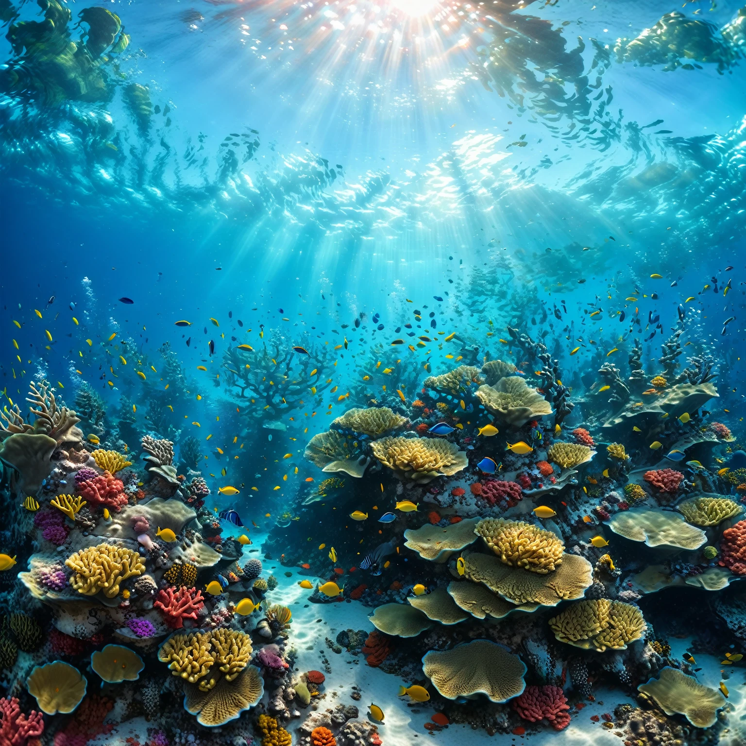 A 8k,original photo, best quality, realistic ,cinematic image of  a detailed underwater scene with sunlight filtering through the clear blue water. Schools of colorful fish weave through a vibrant coral reef teeming with life. Delicate coral formations in various shapes and sizes create a breathtaking underwater palace.