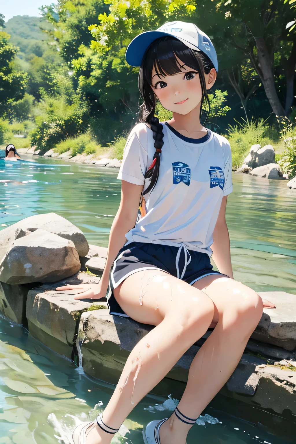 A picturesque 3D render of a sunny beach on a warm summer day, showcasing the perfect setting for relaxation and joy. Two adorable anime girls are seen in the foreground, one in a short skirt and the other in a 2-piece nightgown. Both have cute hair clips and are enjoying the serene atmosphere. The sign "VICTORIA VR" is visible in the background, indicating a virtual reality experience. The light white sunny morning is captured with a wide viewing angle, allowing the viewer to fully immerse themselves in the tranquil and beautiful scene., anime, 3d render, photo