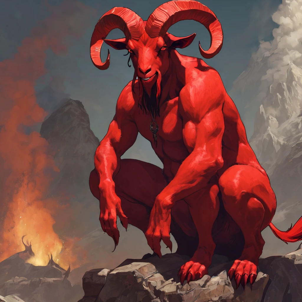 (by Taran Fiddler), (by Chunie), (by Darkgem), Red muscular devil, satan, demon, solo, standing, Half-human, half-goat, goat legs, goat balls, goat genitals, Thick throbbing cock, uncut cock, giant balls, sagging balls, naked, Sharp teeth, long nose, fine hands, Debauchery, Lewdness, Unfiltered sexuality, Ripped muscles, Thick Tail, spade tail, God of debauchery, Blood Red, wide hips, Massive cock, Contrast, Allure, Permanent horniness, Fearless, Breaking rules, Out-of-bounds behavior, Uncouth