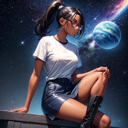 One girl, dark skin, Small breasts, wears thick-framed glasses that accentuate his facial features, Short black hair, Ponytail Silver Shirt, She is wearing another tight shirt underneath her shirt, Vibrant color details reminiscent of stars and planets in space, Blue skirt and high-top boots with non-slip soles,Holding a knife