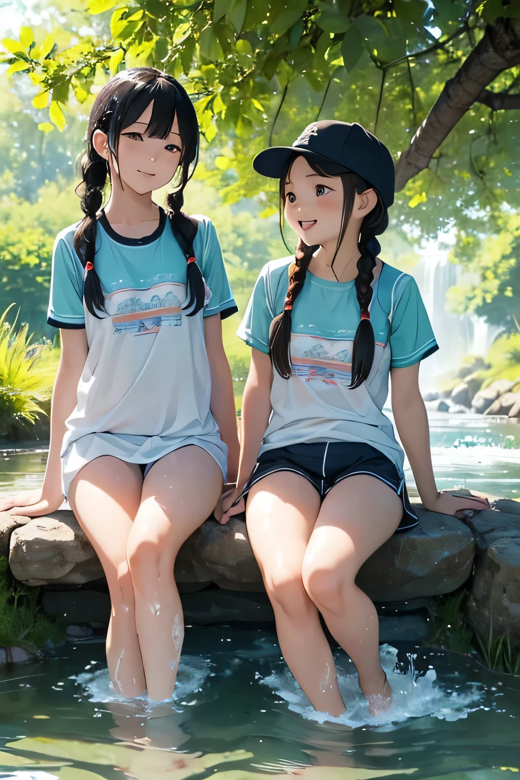 Highest quality、High resolution、Detailed Background、(Beautiful face in every detail:1.4)、Anatomically correct、Normal number of fingers、Detailed facial expressions、(Detailed eyes:1.2)、Teenage beauty、Light color hair、Braided Ponytail、Braided bob cut、Braided twin tails、cute gesture、Innocent joy、A sense of freedom in nature、A cool day swimming in the river、
(Girls enjoying splashing around in the cool river:1.5)、
In the blazing summer sun、I can hear the river babbling、We all run out、
Walking along the river、Eventually you'll reach the water's edge、Playing in the water under the speech bubble、Excited voices echo throughout the room.、
Taking off your shoes and soaking your feet in the water brings a smile to your face.、Enjoy the pleasant time as you touch the cold water、
Children gather stones, throw them into the water, and cheer as they splash about.、It's cute to see them having so much fun riding on a swim ring and feeling the current.、
Eating lunch in the shade of the trees helps to ease fatigue.、Enjoy the pleasant breeze and nature that will leave you with fond memories.、Smiles on everyone's faces、It was a day of swimming in the river that satisfied both body and mind.、
Rash guard、Shorts、sandals、I call chap、Short sleeve T-shirt、Shorts、sneakers、backsack、cute
