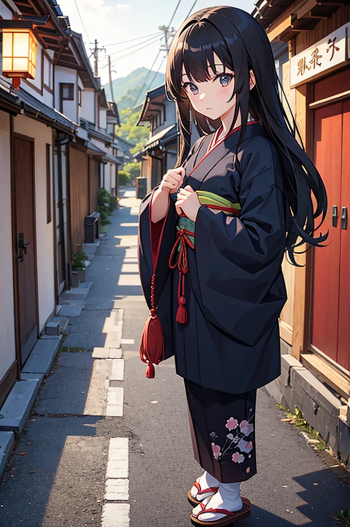 anime girl, japanese village, dark hair