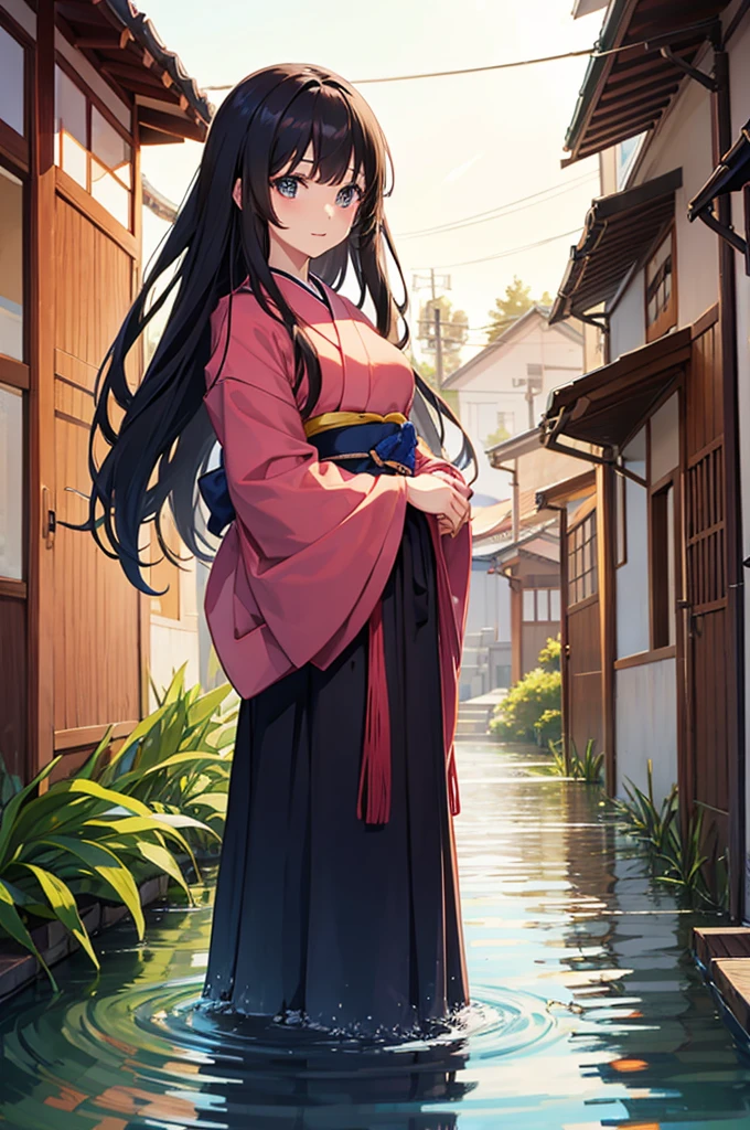 anime girl, japanese village, dark hair