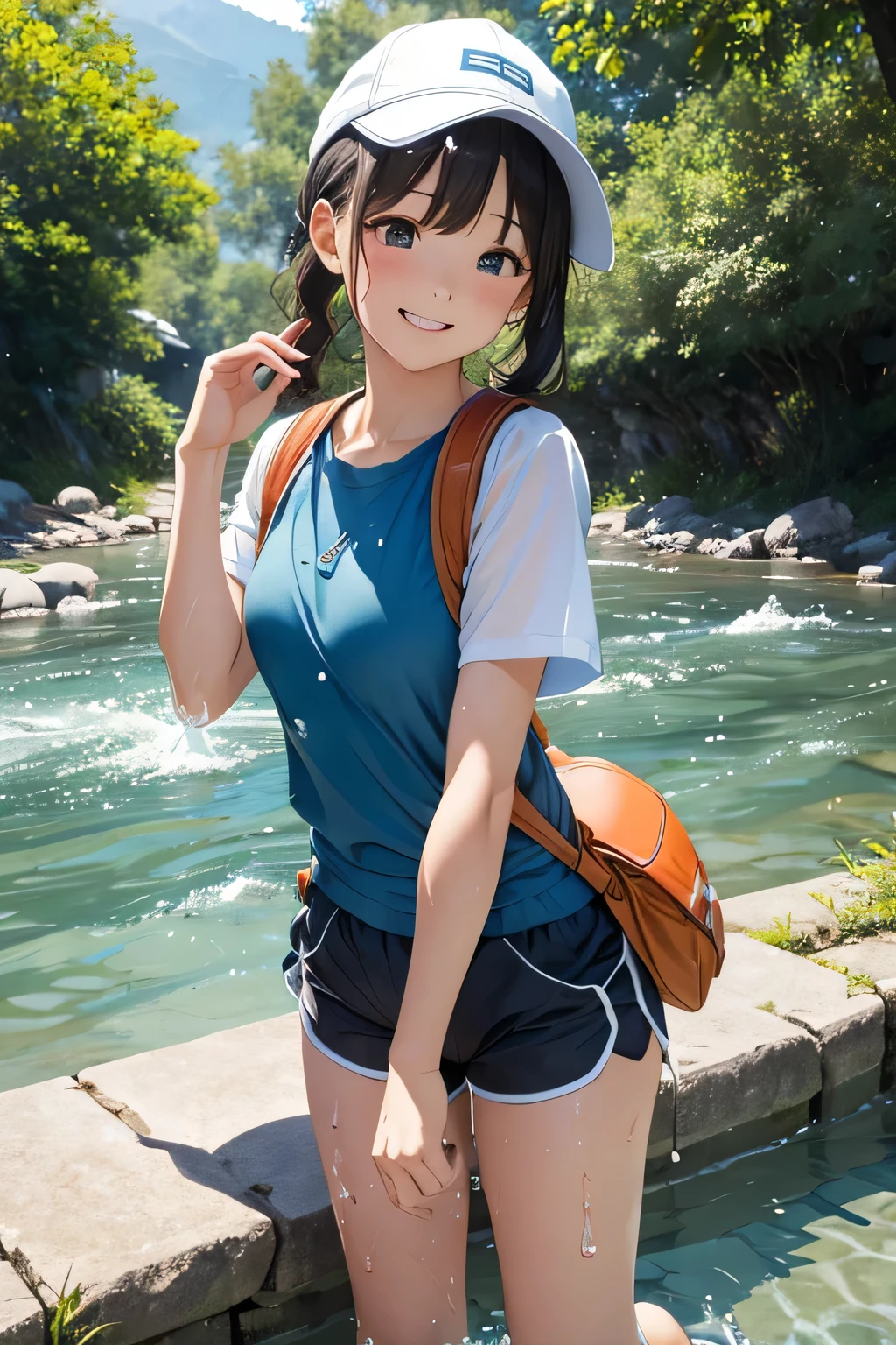 Anime Girl In Blue Shirt And Shorts Standing In Water With A Backpack ...