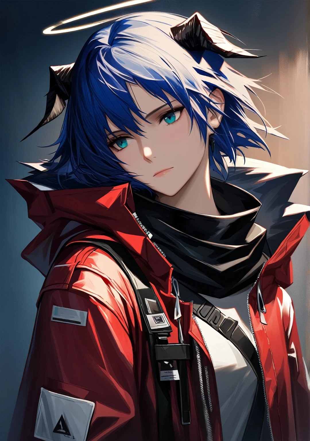 (woman), ((Mostima from arknights)), masterpiece, best quality, blue hair, ((short hair)), horns, plain white shirt, red fullbody coat, red hood, dark blue eyes, realistic anime style, faint smile, ((portrait)), black gloves, carring a bag, halo.