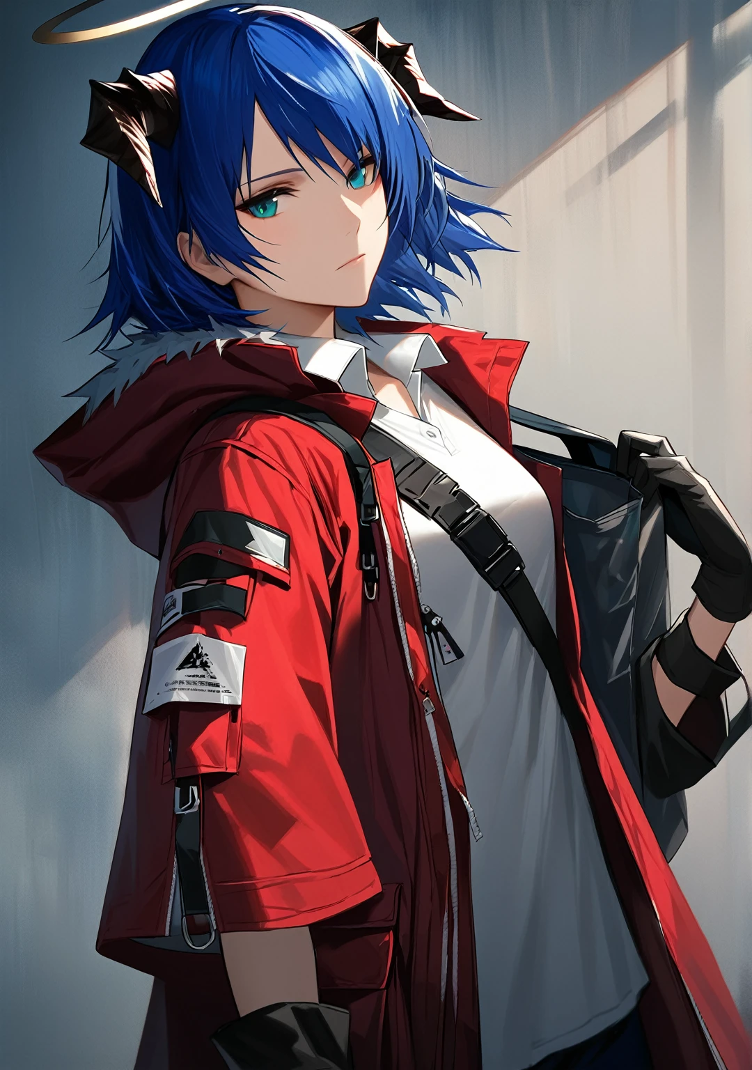 (woman), ((Mostima from arknights)), masterpiece, best quality, blue hair, ((short hair)), horns, plain white shirt, red fullbody coat, red hood, dark blue eyes, realistic anime style, faint smile, ((portrait)), black gloves, carring a bag, halo.