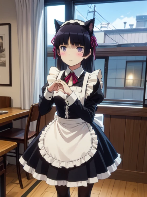 (masterpiece, Highest quality),  (ruri gokou), blush, Black Hair, Mole, Mole under eye, One Girl, Long Hair, Hime cut, (((maid Cafe))), ((Heart Hands)), ((Maid clothes, Cat ear, A girl in a costume is standing)), stockings, Black Tail, (apronスカート), Midi Skirt, stockings, apron, Frills, ribbon, collar, cuffs, Food on the table, Several boys sitting on chairs, indoor, Windows, reflection, Second floor, Colorful signs in Akihabara, full body