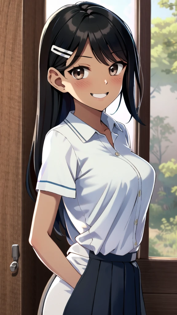 ((best quality)), ((masterpiece)), (details), one girl, sexy ((best quality)), ((masterpiece)), (details), one girl, sexy ((best quality)), ((masterpiece)), (details), one girl, full body, sexy expensive body, expensive, long legs, mature woman, mature, adult, it_nagatoro_main, Hayase Nagatoro, one girl, blushing, alone, uniform polo shirt, short sleeves, black hair,brown eyes, hair accessory, looking at viewer, hair clip, smiling, long hair, dark skinned woman, dark skin, , bangs, daytime, skirt, collared shirt, collarbone, ear clip, mouth closed, tree, asymmetrical bangs, upper body