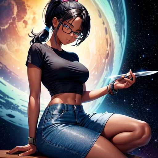 One girl, dark skin, Small breasts, wears thick-framed glasses that accentuate his facial features, Short black hair, Ponytail Silver Shirt, She is wearing another tight shirt underneath her shirt, Vibrant color details reminiscent of stars and planets in space, Blue skirt and high-top boots with non-slip soles,Holding a knife