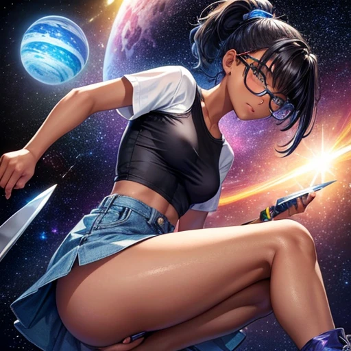 One girl, dark skin, Small breasts, wears thick-framed glasses that accentuate his facial features, Short black hair, Ponytail Silver Shirt, She is wearing another tight shirt underneath her shirt, Vibrant color details reminiscent of stars and planets in space, Blue skirt and high-top boots with non-slip soles,Holding a knife