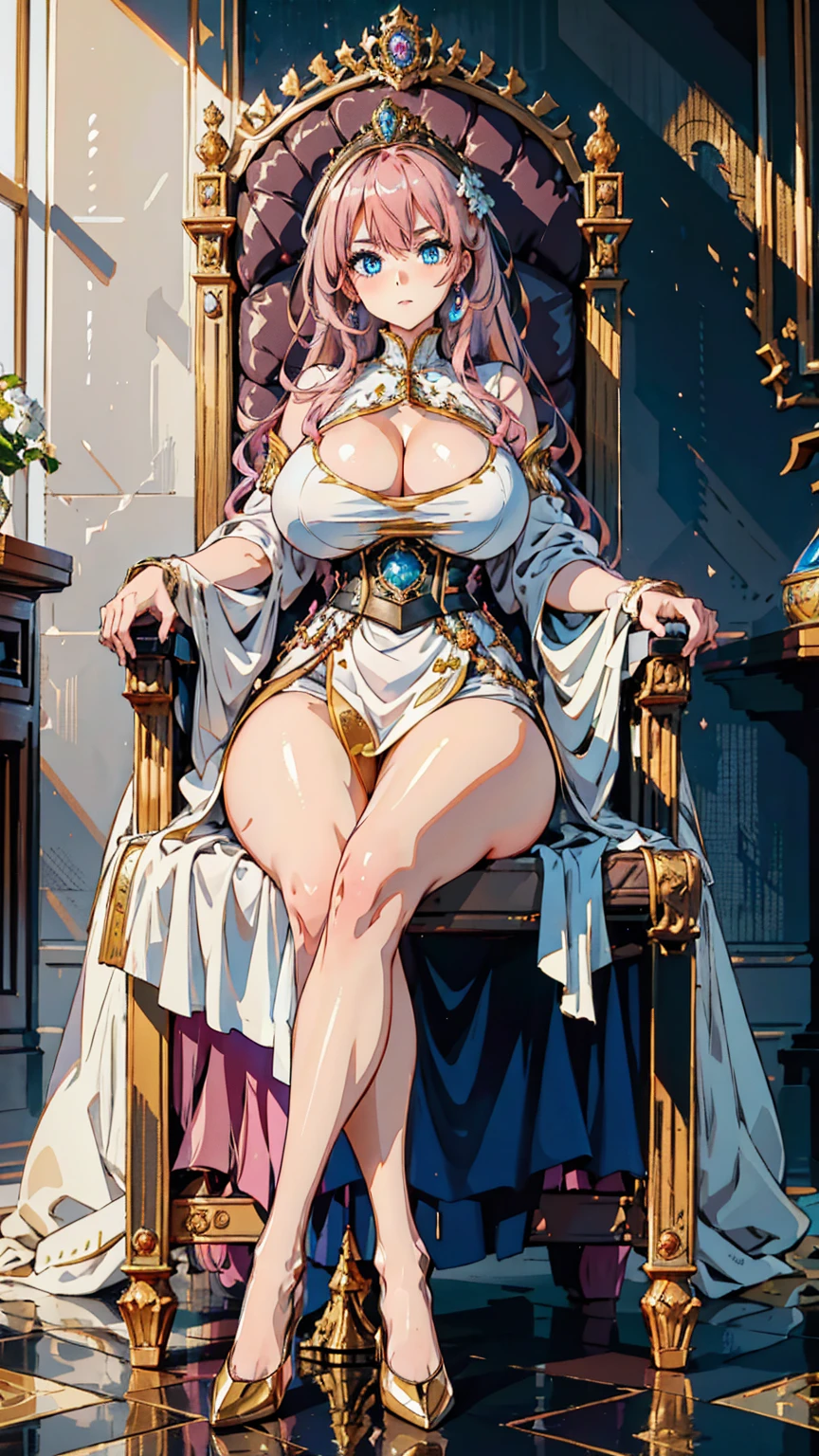 1 woman with floor-length pink hair, huge and big breasts, futuristic royal costume in white with black and gold details, tall woman, blue detailed eyes, sitting on a large golden throne, winning look
