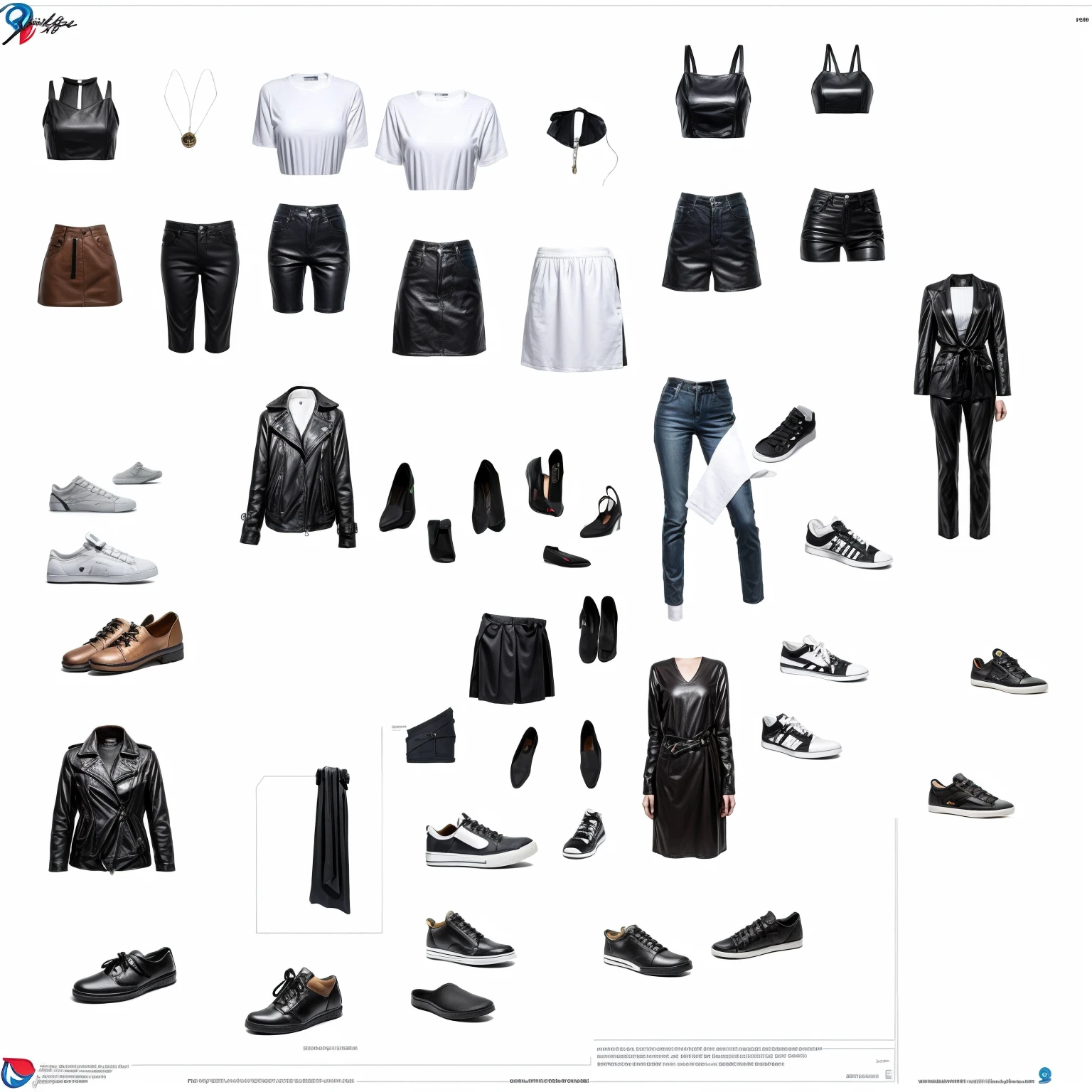 (((Create Detailed Design Sheet))), (there are no people, and no characters), (Front view, Side view, Diagonal view), (elegant style items, bundle of clothes, female handbags, shoes), (Create detailed shoe gallery), ((multi-pair (high heels, sneaker, leather shoes etc))), description card. best quality, masterpiece, Representative work, official art, Professional, Ultra intricate detailed, 8k
