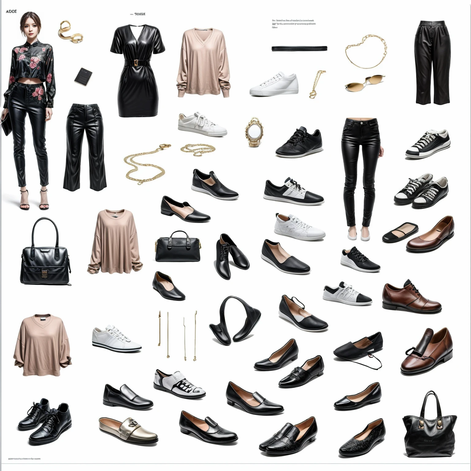 (((Create Detailed Design Sheet))), (there are no people, and no characters), (Front view, Side view, Diagonal view), (elegant style items, bundle of clothes, female handbags, shoes), (Create detailed shoe gallery), ((multi-pair (high heels, sneaker, leather shoes etc))), description card. best quality, masterpiece, Representative work, official art, Professional, Ultra intricate detailed, 8k