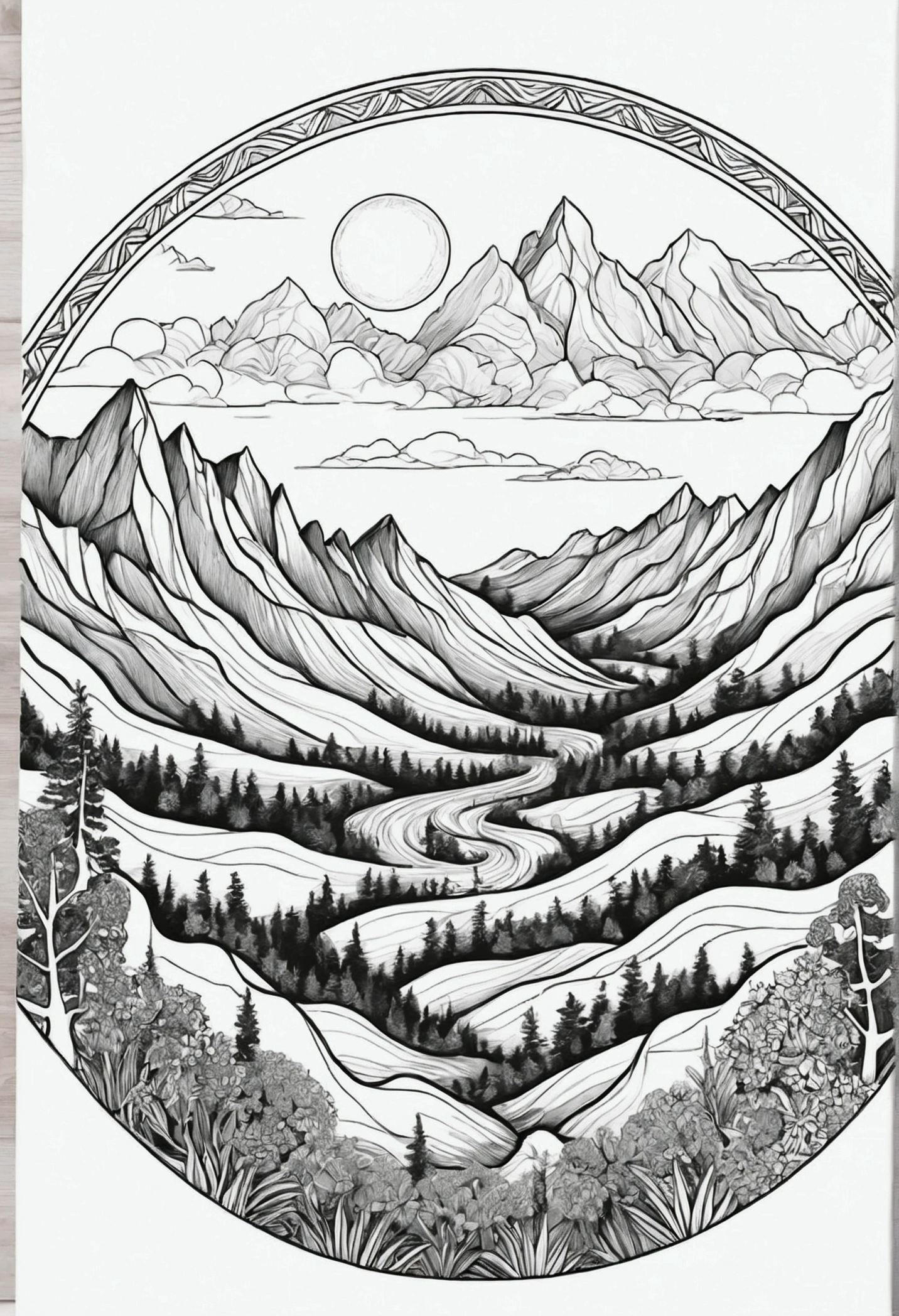 draw a circular shaped plateau black lines white background, like a coloring page