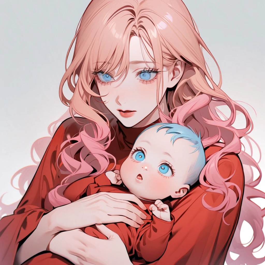 a woman, long wavy hair, pink hair, hair with blue tips, light blue eyes, red dress, holding a on her lap,(),the has blond hair and blue eyes+White background,chainsaw man style