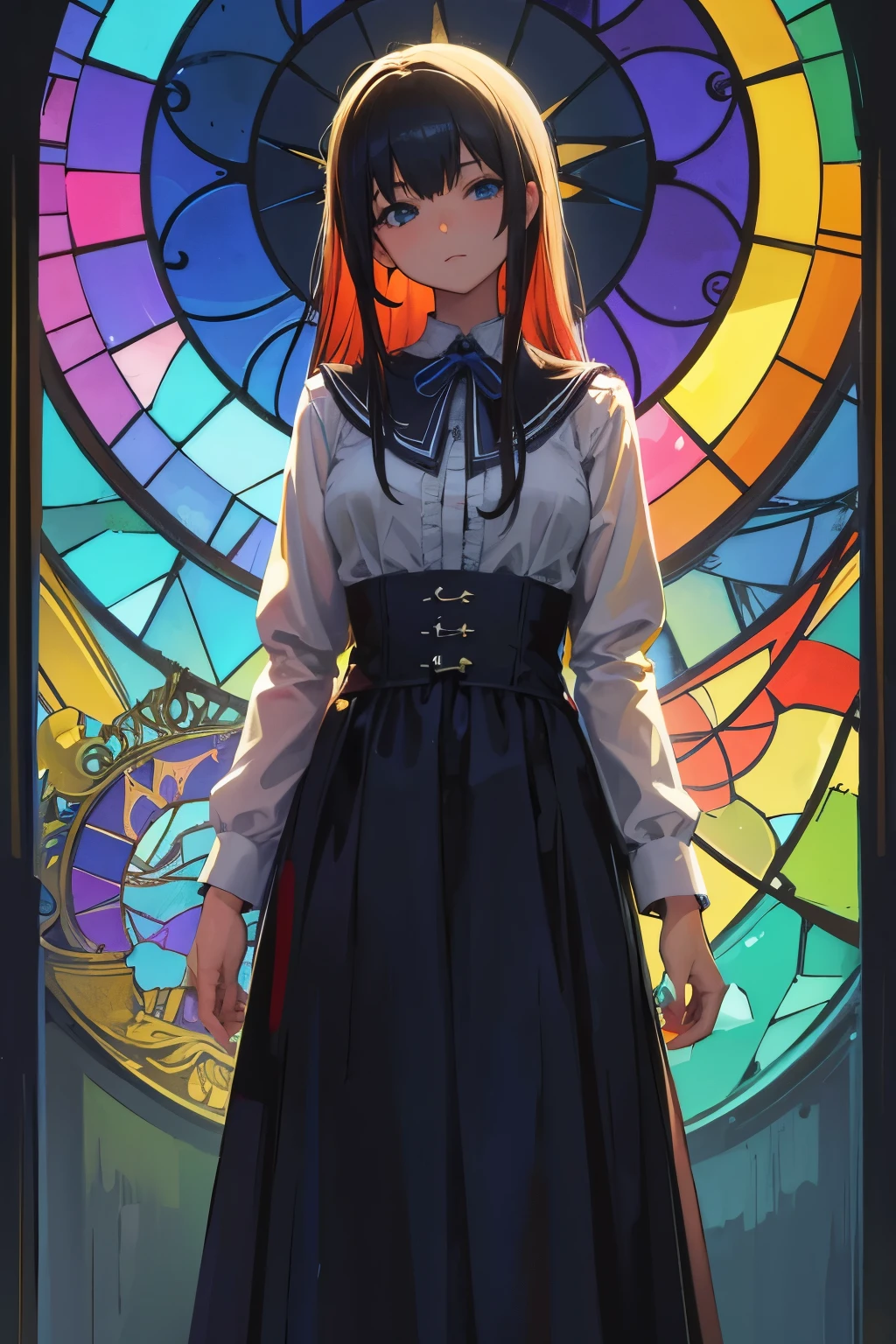 (masterpiece, Highest quality, Highest quality,Official Art, beautifully、aesthetic:1.2),(One girl:1.3), One girl BREAK stained glass art, Colored Glass, Lead wire, Light transmission BREAK Vivid colors, Intricate Design, Glowing effect, Spiritual atmosphere