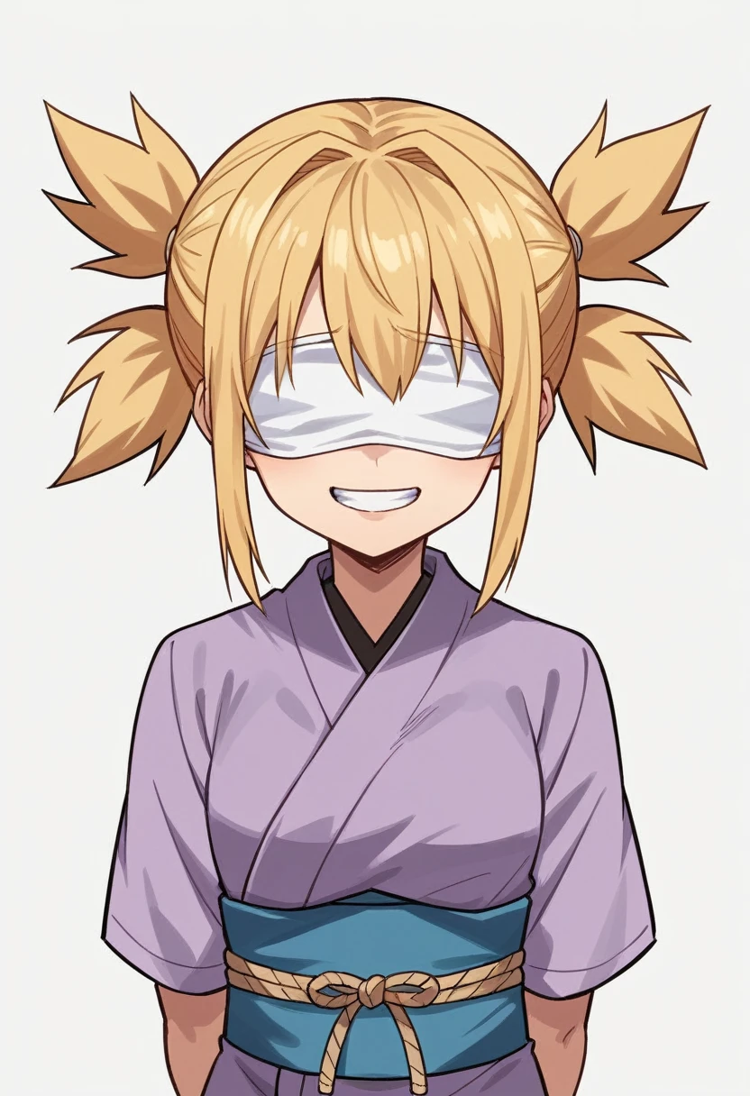 score_9, score_8_up, score_7_up, score_6_up, score_5_up, score_4_up, BREAK, source_anime, ytemari, 1girl, blonde hair, quad tails, blue eyes, fishnets, purple garment, sash, hands behind back, smile, upper body, looking at viewer, solo, simple background, white background, anime screencap, anime coloring, white cloth gag, panic expression, struggling, white cloth blindfold over eyes, timebomb in background, blindfolded