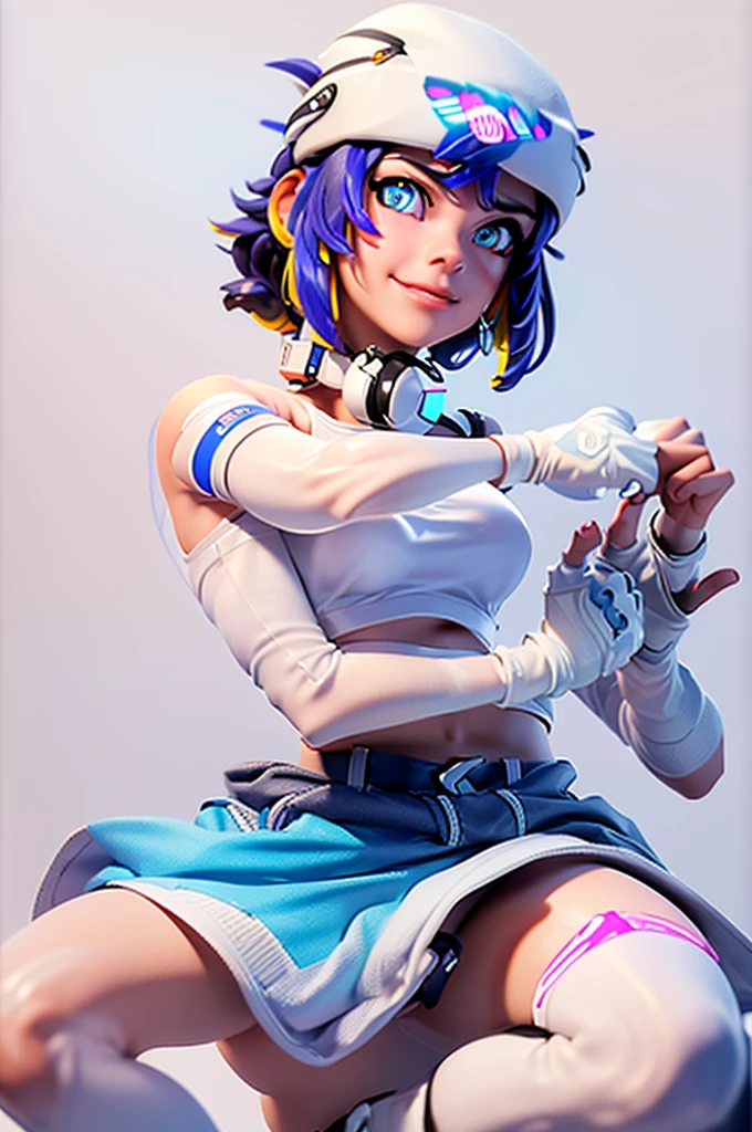 (((Glowing neon eyes))), ((masterpiece, best quality)), 1girl, solo, Kiriko LeSserafim, upper body, short hair, brown eyes, multicolored hair, blue hair, yellow highlights, bangs, pink headwear, hair between eyes, (white off-shoulder shirt:1.5), ((gloves:1.5)), pointing to her face, fingerless gloves, hoop earrings, (white shirt:1.5), headphones around neck, thighhigh, white gloves, lace-up boots, boots, gloves, jacket around waist, thighhighs, breasts, headphones, standing, jewelry, bracelet, midriff, white crop top, cross-laced footwear single kneehigh, smile, earrings, jewelry, hat, looking at viewer, makeup, facepaint, facial mark, detached sleeves, lips, indoors, japanese house, hands on her face, portrait,  