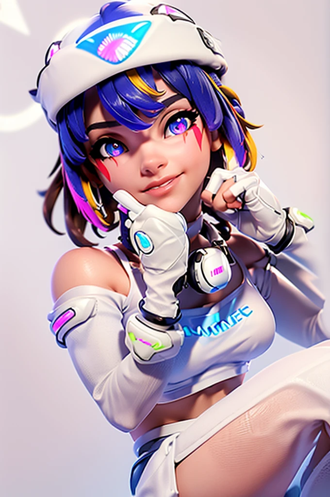 (((Glowing neon eyes))), ((masterpiece, best quality)), 1girl, solo, Kiriko LeSserafim, upper body, short hair, brown eyes, multicolored hair, blue hair, yellow highlights, bangs, pink headwear, hair between eyes, (white off-shoulder shirt:1.5), ((gloves:1.5)), pointing to her face, fingerless gloves, hoop earrings, (white shirt:1.5), headphones around neck, thighhigh, white gloves, lace-up boots, boots, gloves, jacket around waist, thighhighs, breasts, headphones, standing, jewelry, bracelet, midriff, white crop top, cross-laced footwear single kneehigh, smile, earrings, jewelry, hat, looking at viewer, makeup, facepaint, facial mark, detached sleeves, lips, indoors, japanese house, hands on her face, portrait,  