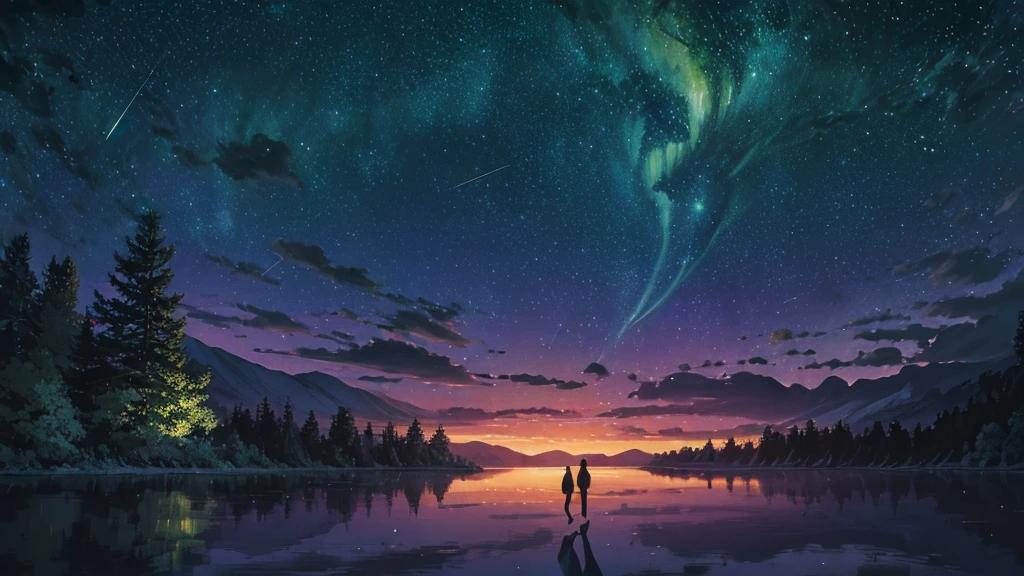 "Night forest where trees have trunks that shine like stars and leaves that change color according to the moonlight. A central clearing reveals a lake reflecting a starry sky where constellations move and change. Creatures such as giant fireflies and star butterflies float across the scene, while a great shooting star lights up the sky. Smooth and ethereal animation style, with a palette of soft and nocturnal colors: dark blues, luminous greens and stellar pinks. . The atmosphere is magical and dreamy."