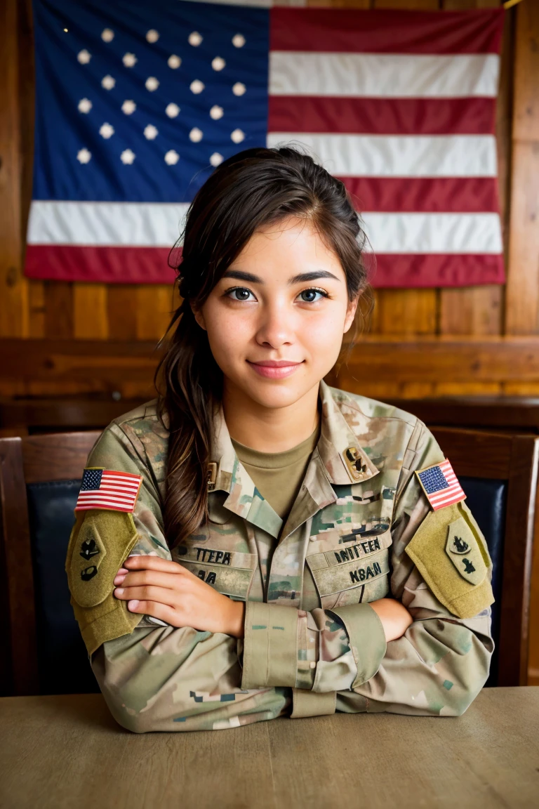 Beautiful united states female soldier sitting at table with flag, looking at camera