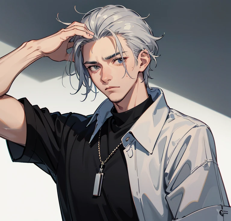 A man who still has a youthful look on his face, He has gray hair and carries a certain discomfort and sadness on his face., as if I felt discouraged about almost everything. Has slight dark circles in the eyes, due to bad nights sleep and wears a gray blouse a little bigger than her size, with a black t-shirt underneath.