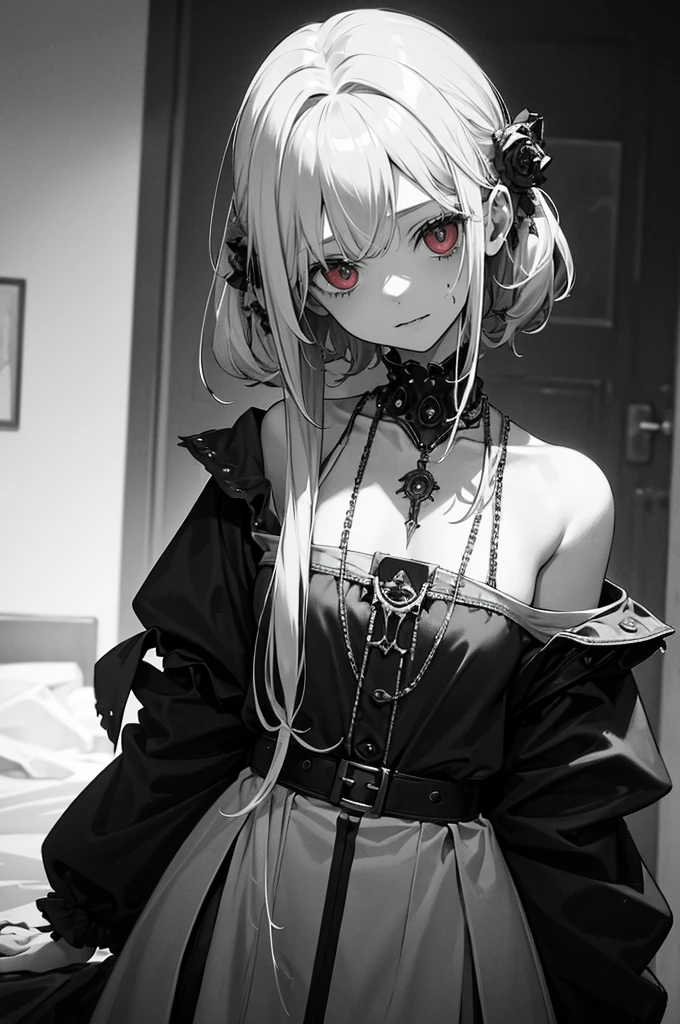 ((Best masterpiece, Perfect quality, Ultra detailed)), A hanged girl with decayed body and rotten skin. She is an abandoned patient. Hanged with rusted chains, Wearing white patient-robe, Eerily smiling showing her fangs. Suspended corps at the abandoned surgery room with modern interior, Still alive, Undead, Dripping bloods, Floating feet, Light-out, Midnight, Nightmare, Dark atmosphere, Grotesque, Horror