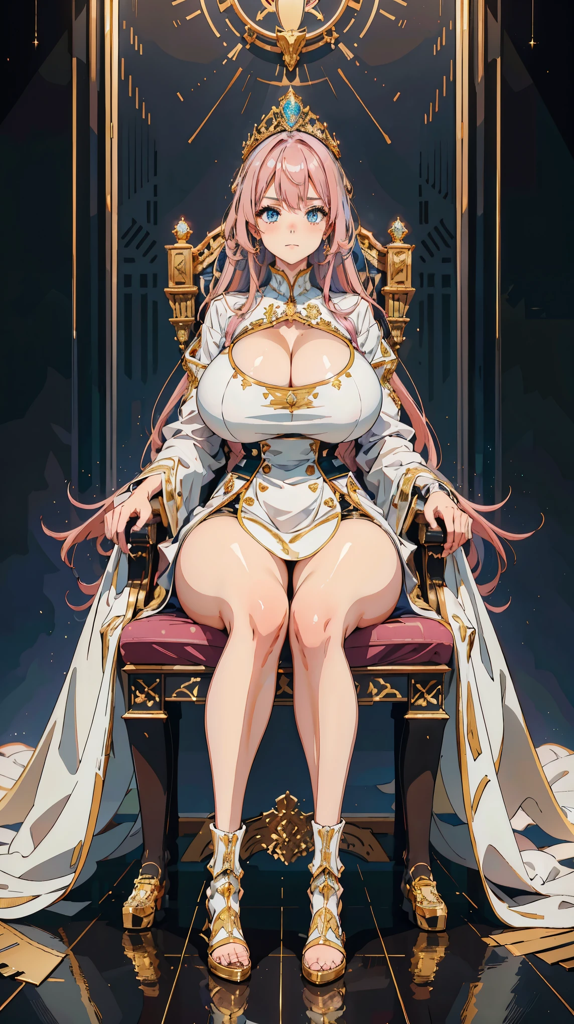1 woman with floor-length pink hair, huge and big breasts, wearing futuristic royal costume in white with black and gold details, tall woman, blue colored eyes, sitting on a large golden throne