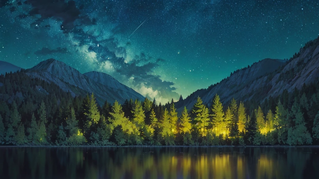 "Night forest where trees have trunks that shine like stars and leaves that change color according to the moonlight. A central clearing reveals a lake reflecting a starry sky where constellations move and change. Creatures such as giant fireflies and star butterflies float across the scene, while a great shooting star lights up the sky. Smooth and ethereal animation style, with a palette of soft and nocturnal colors: dark blues, luminous greens and stellar pinks. . The atmosphere is magical and dreamy."