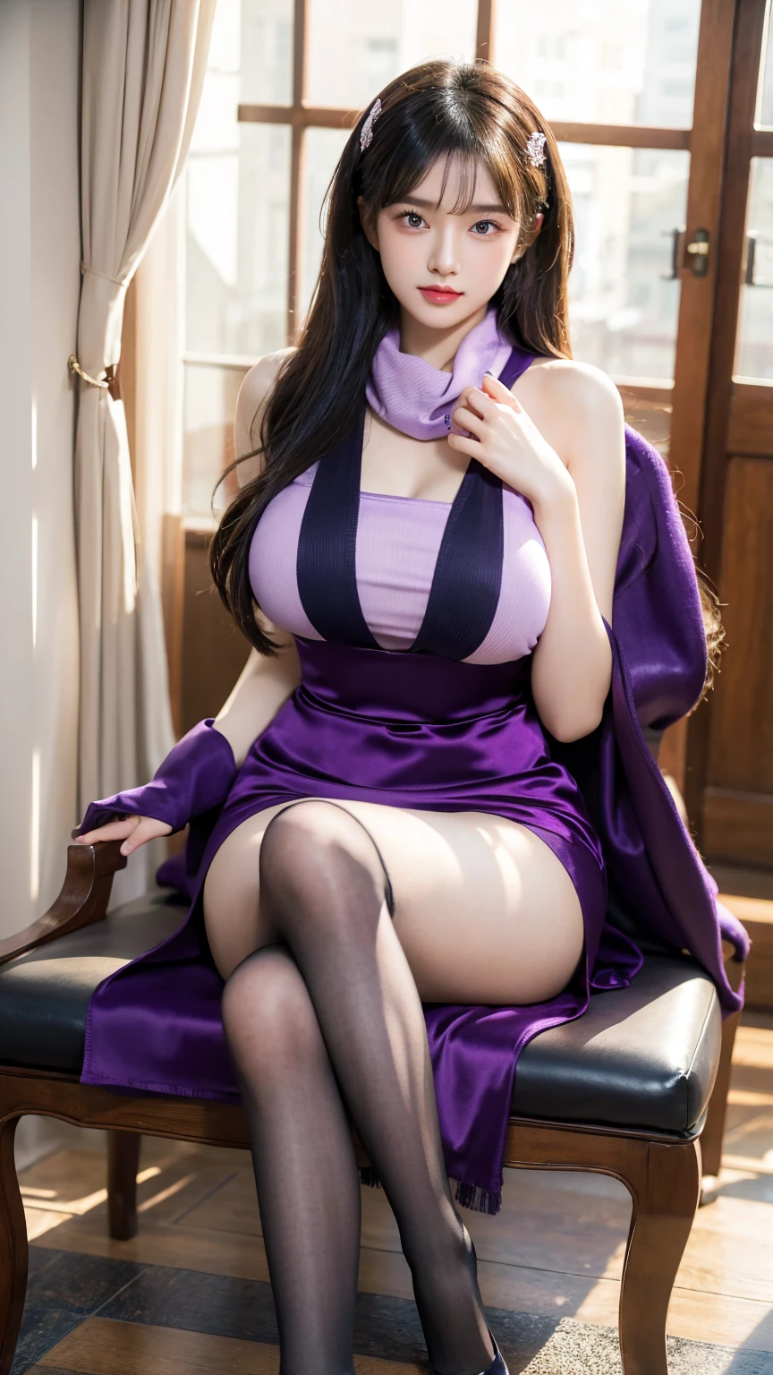 (((masterpiece))), HinataHyuga, 1girl, solo, long hair, looking at viewer, smile, large breasts, black hair, purple eyes, blunt bangs, white eyes, no pupils,clothes tug, cocktail dress, cocktail glass, wind,, masterpiece, best quality, highly detailed