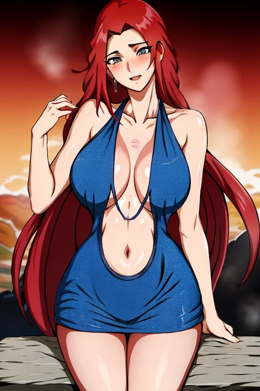 Female Kagé from Naruto Shippuden, with radiant red hair cascading down her shoulders, wears a blue dress that subtly reveals her perfect anatomy and intricately detailed lava jutsu. Her Happy expression is accentuated by a gentle red blush on her cheeks. Her beautiful hands, adorned with perfect nails, rest on the table as she focuses intently on the viewer. The background is set against the backdrop of a mystical, fiery landscape, with steam rising from the lava flow.