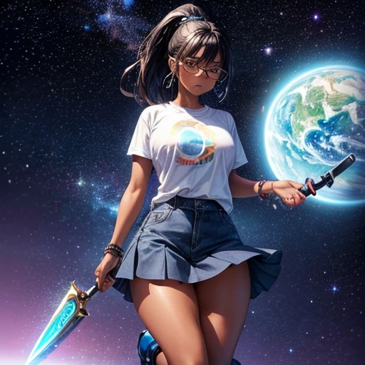 One girl, dark skin, Small breasts, wears thick-framed glasses that accentuate his facial features, Short black hair, Ponytail Silver Shirt, She is wearing another tight shirt underneath her shirt, Vibrant color details reminiscent of stars and planets in space, Blue skirt and high-top boots with non-slip soles,Holding a knife