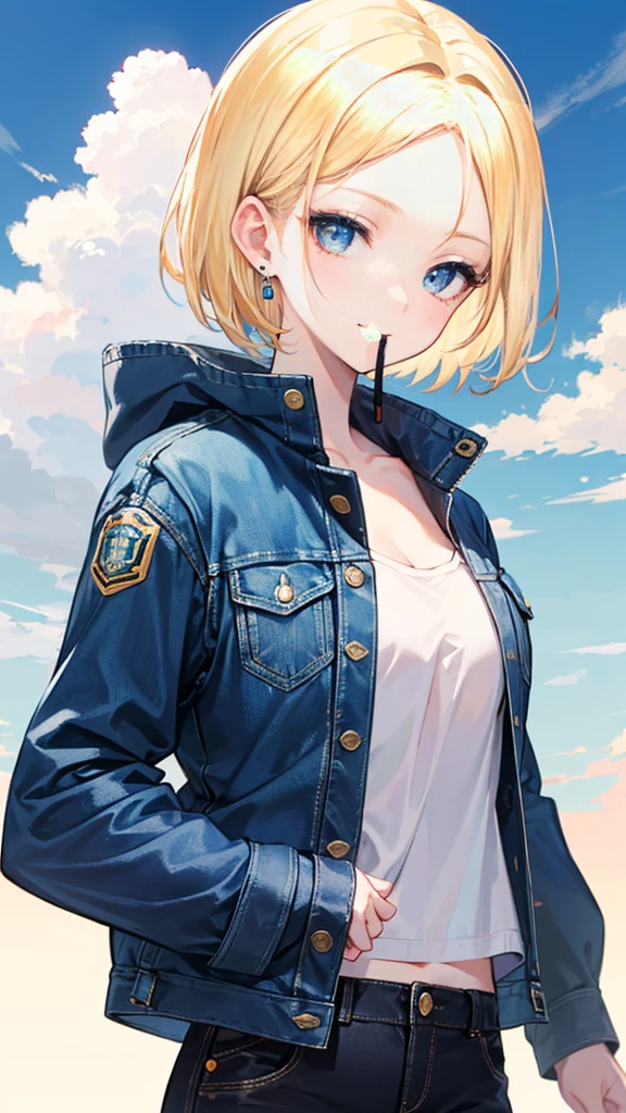 One girl, alone, Android 18, Blonde, blue eyes, short hair, jewelry, Earrings, smile, Jacket, Look to the side, denim, denim Jacket, Upper Body, lingerie, Mouth closed, cloud, null, Day, avert your eyes, blue null, 1 collarb,