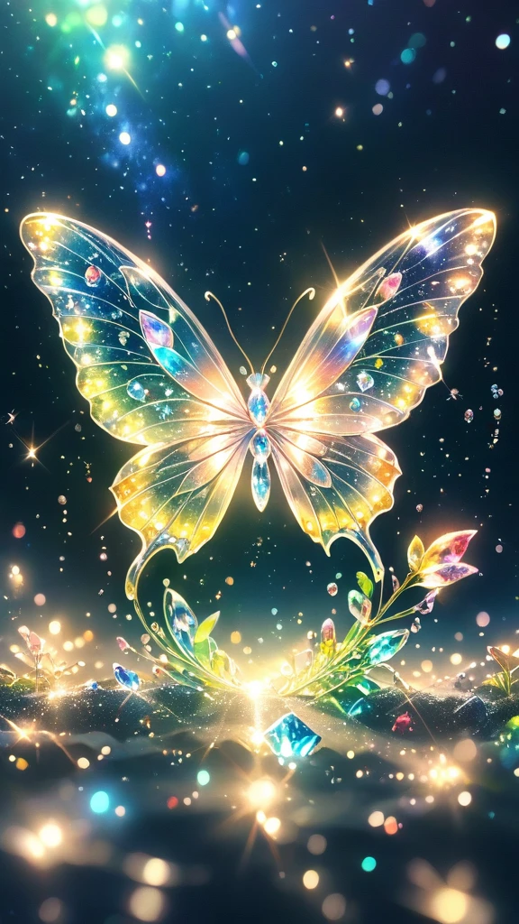 Crystal butterfly,butterfly,Beautiful Wings, Transparent body, Sparkling crystals, delicate tentacles, Vivid colors, surreal background, Ethereal Light, flickering reflection, Intricate details, Mysterious atmosphere,dream-like, Milky Way, Cleanliness, Sparkling, Sparkling, Splendor, colorful, Great cinematography, Dramatic Light, Photorealism, Super detailed, 4K, Depth of written boundary, High resolution、
crystal flower